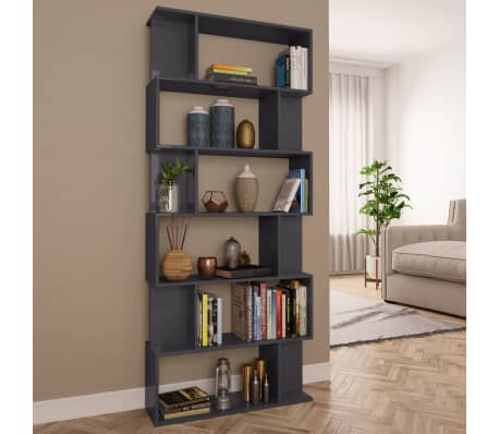 vidaXL Book Cabinet/Room Divider High Gloss Gray 31.5"x9.4"x75.6" Engineered Wood