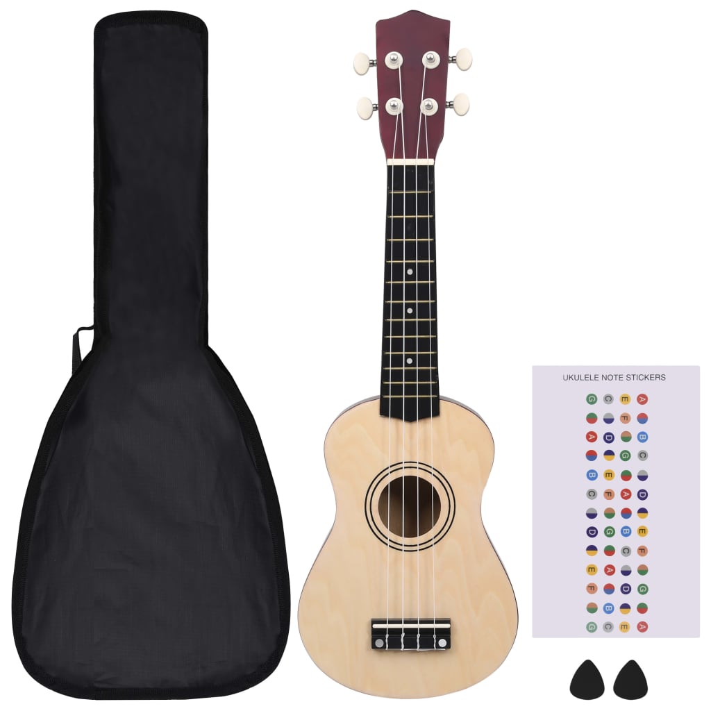 vidaXL Set de ukulele soprano, pentru copii, cu husă, lemn deschis 21