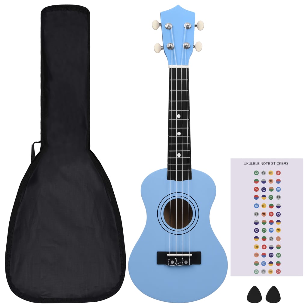 Set de ukulele soprano, pentru copii, cu husă, bleu, 21″