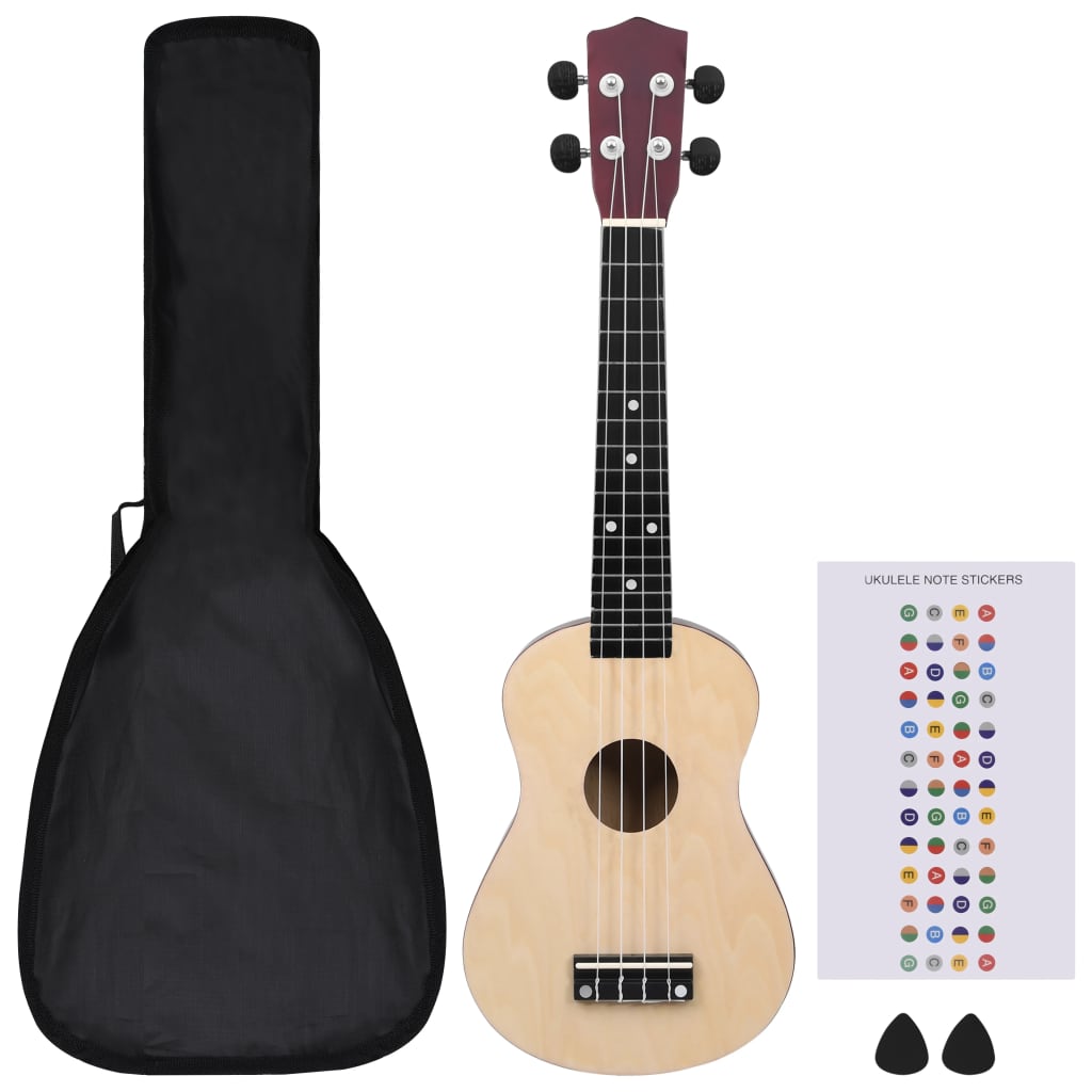 vidaXL Set de ukulele soprano pentru copii, cu husă, lemn deschis, 23