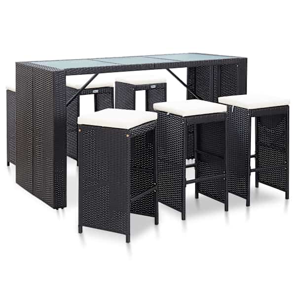 vidaXL 7-osaline aiabaari komplekt patjadega, pol&uuml;rotang, must