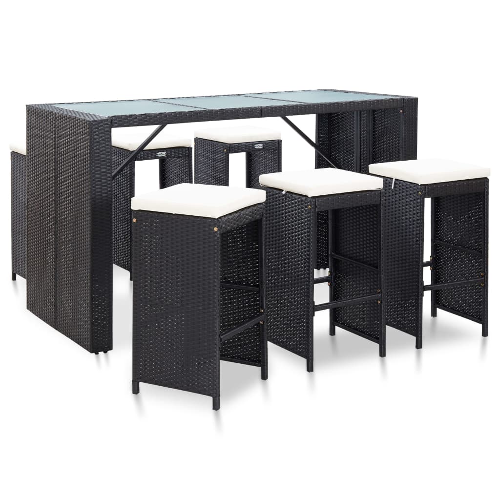 vidaXL 7-tlg. Gartenbar-Set mit Auflagen Poly Rattan Schwarz