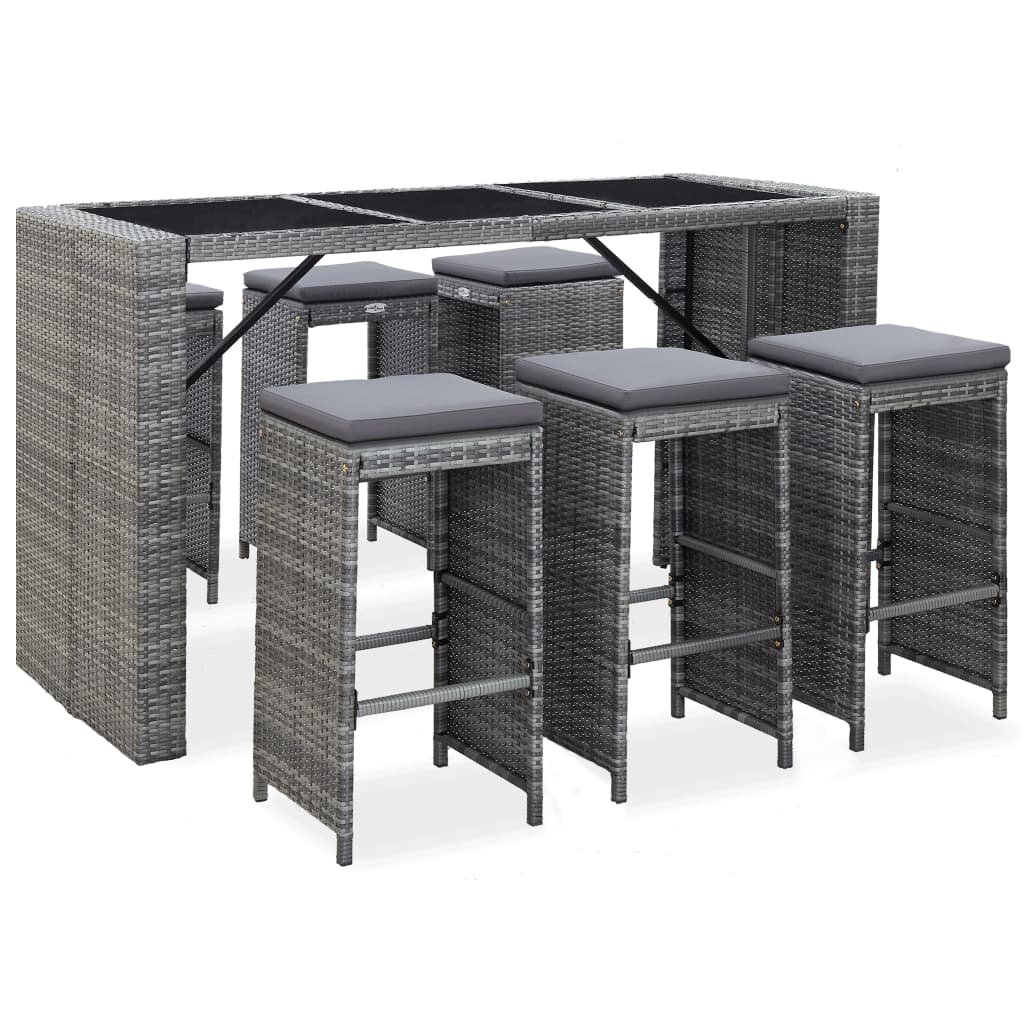 vidaXL 7-tlg. Gartenbar-Set mit Auflagen Poly Rattan Grau