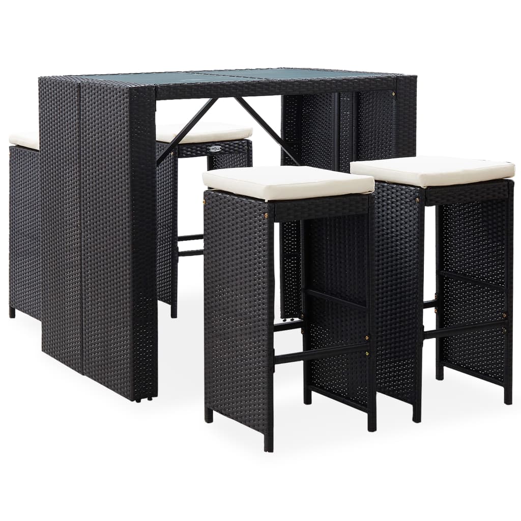 vidaXL 5-tlg. Garten-Bar-Set Poly Rattan und Glas Schwarz