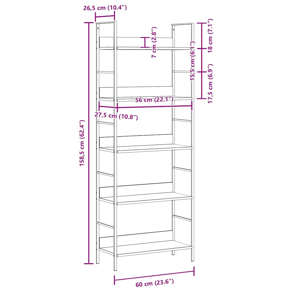 Knjižna polica 5-nadstropna hrast 60x27,6x158,5 cm inž. les - slika 10