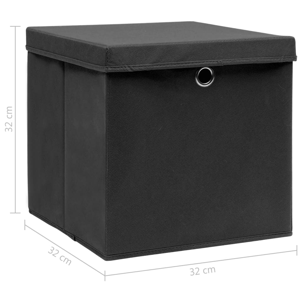  Úložné boxy s vekom 4 ks, čierne 32x32x32 cm, látka