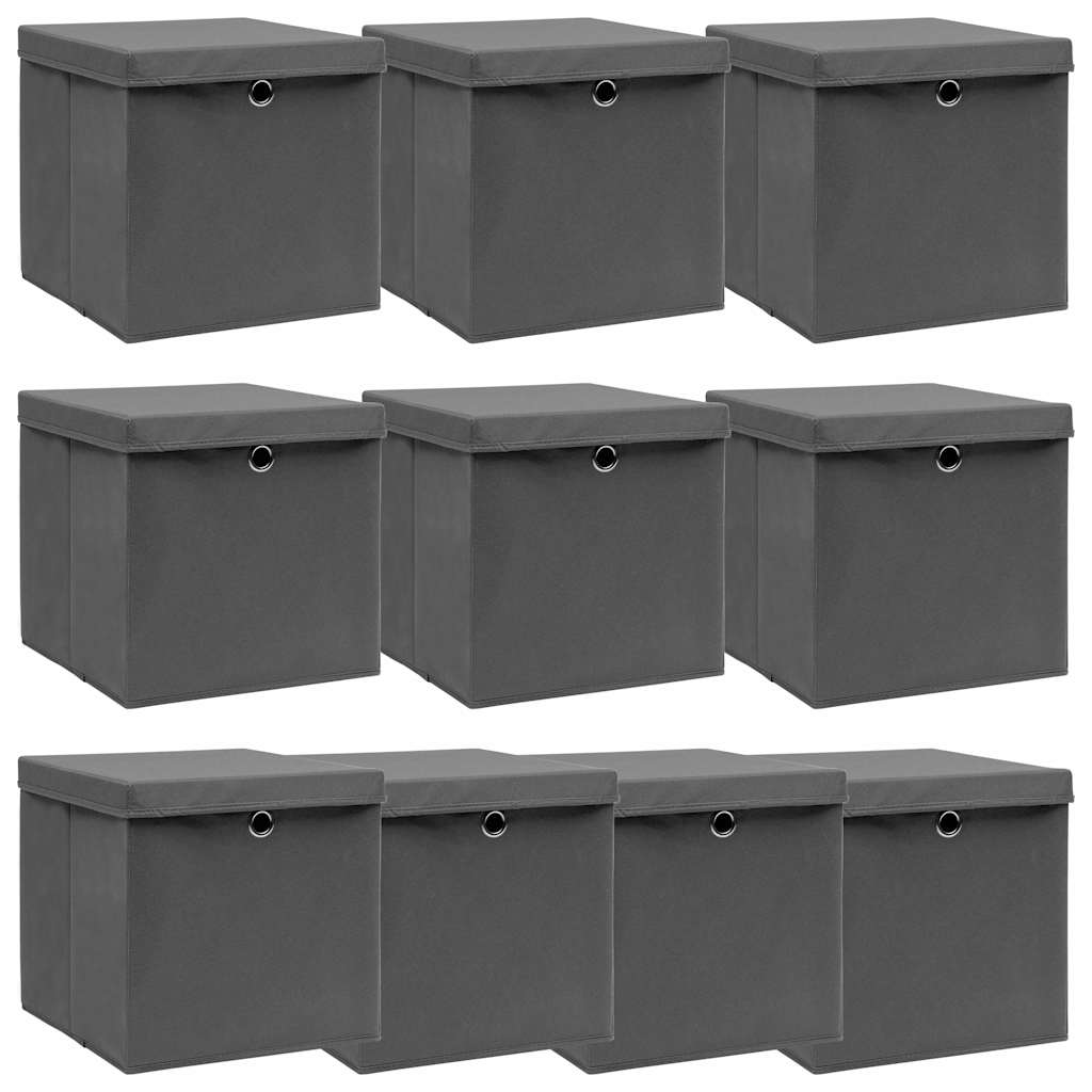 vidaXL Förvaringslådor med lock 10 st grå 32x32x32 cm tyg