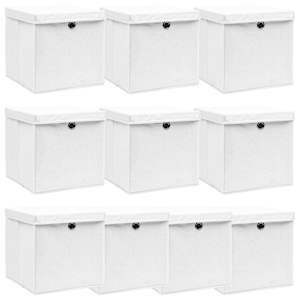Škatle za shranjevanje s pokrovi 10 kos. bele 32x32x32 cm blago