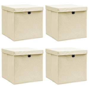 Škatle za shranjevanje s pokrovi 4 kosi krem 32x32x32 cm blago