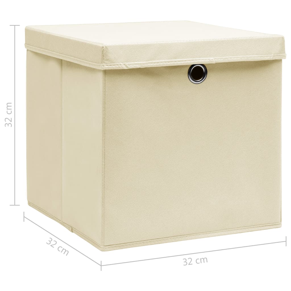  Úložné boxy s vekom 4 ks, krémové 32x32x32 cm, látka