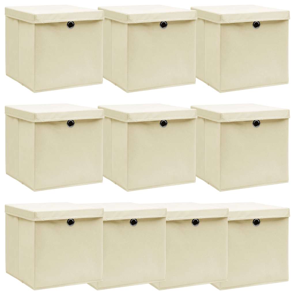 vidaXL Förvaringslådor med lock 10 st gräddvit 32x32x32 cm tyg