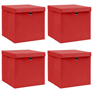 Škatle za shranjevanje s pokrovi 4 kosi rdeče 32x32x32 cm blago
