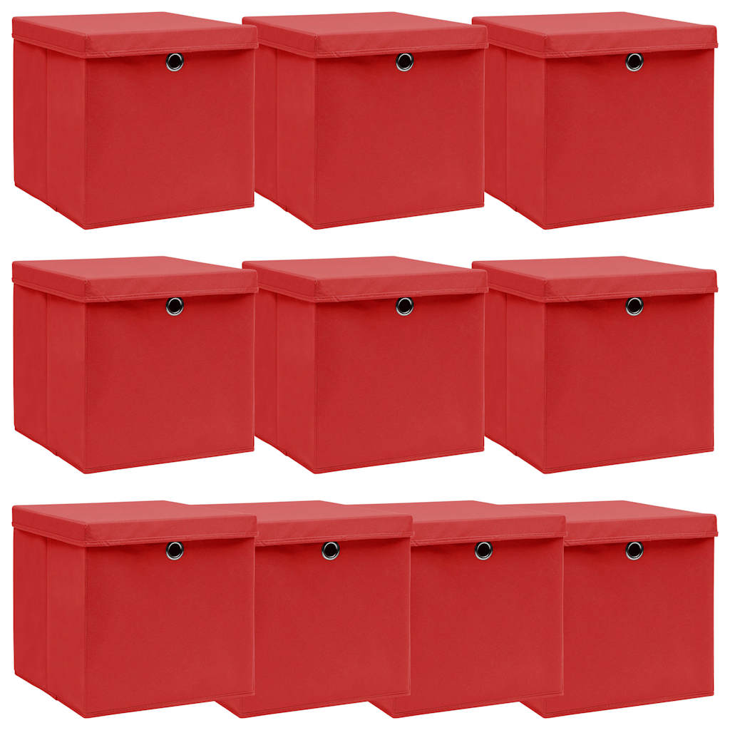 vidaXL Förvaringslådor med lock 10 st röd 32x32x32 cm tyg