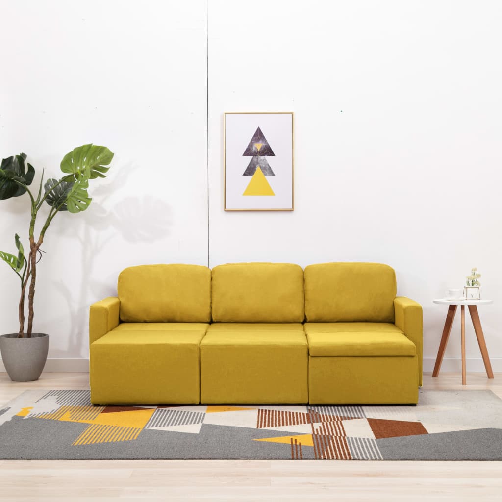 vidaXL Trivietė modulinė sofa-lova, geltonos spalvos, audinys