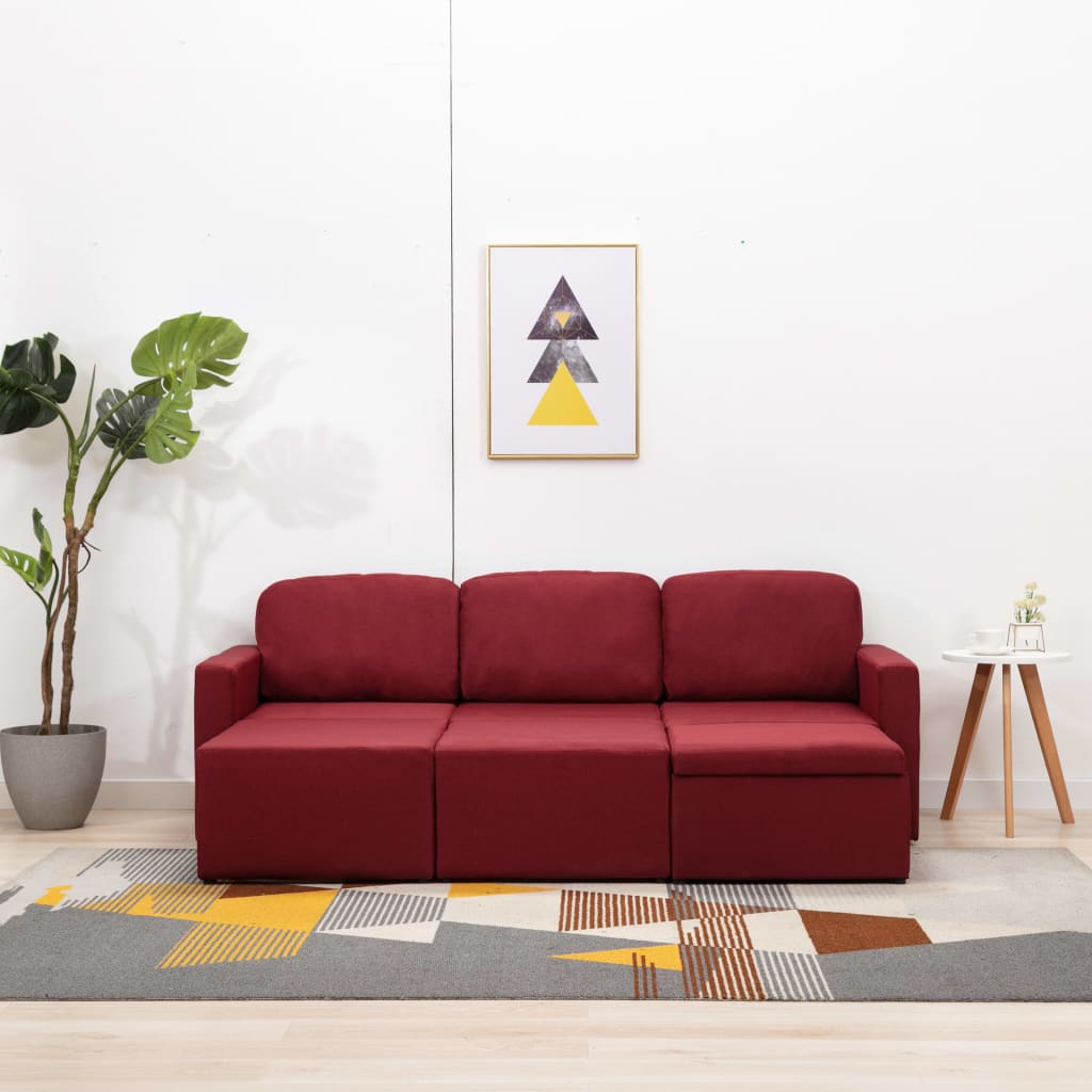 vidaXL Trivietė modulinė sofa-lova, raudonojo vyno spalvos, audinys