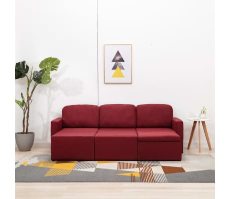 vidaXL Trivietė modulinė sofa-lova, raudonojo vyno spalvos, audinys
