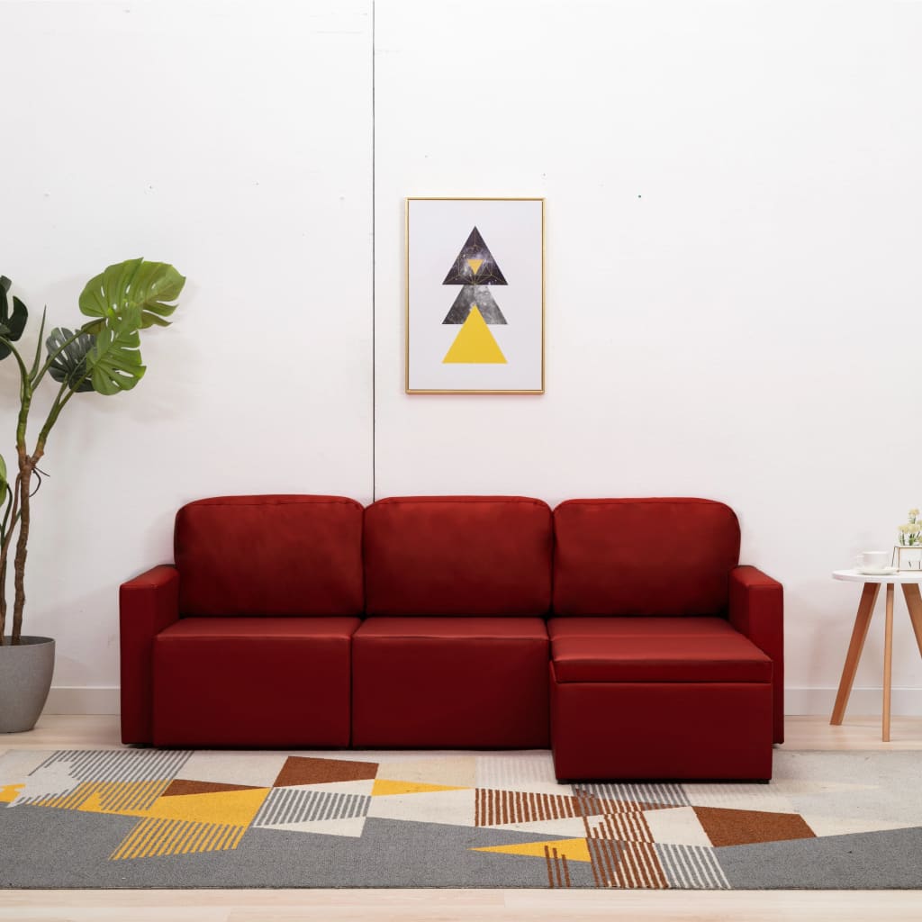 vidaXL Modulares 3-Sitzer Schlafsofa Weinrot Kunstleder