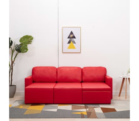 vidaXL 3-местен модулен диван легло, червен, изкуствена кожа
