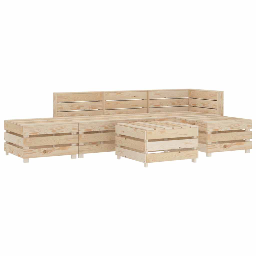 Six wooden pallets arranged as a lounge set against a white background.