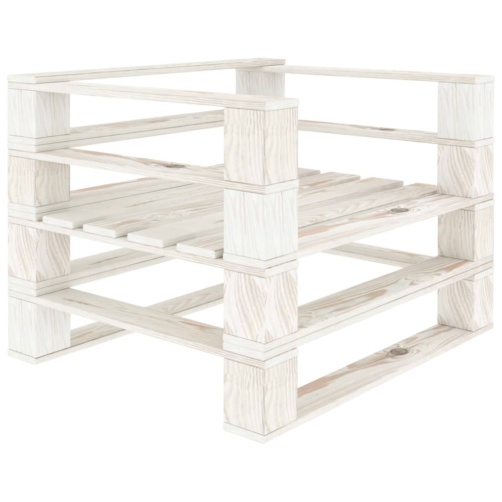 Zestaw wypoczynkowy ogrodowy z palet, biały, drewno sosnowe, wymiary: narożne siedzisko 70x67,5x60,8 cm, środkowe siedzisko 60x67,5x60,8 cm, stolik/stołek 60x61,5x30,4 cm, fotel 80x67,5x60,8 cm