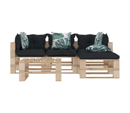 vidaXL Poilsio komplektas i&scaron; palečių su pagalvėmis, 5 dalių, mediena