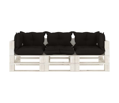 vidaXL Vrtni kavč iz palet trosed s črnimi blazinami lesen