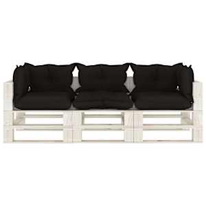 vidaXL Vrtni kavč iz palet trosed s črnimi blazinami lesen