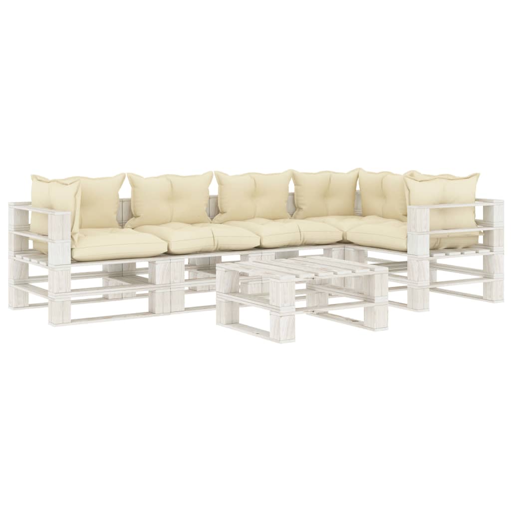 vidaXL 6 pcs conjunto lounge de jardim em paletes c/ almofadões creme