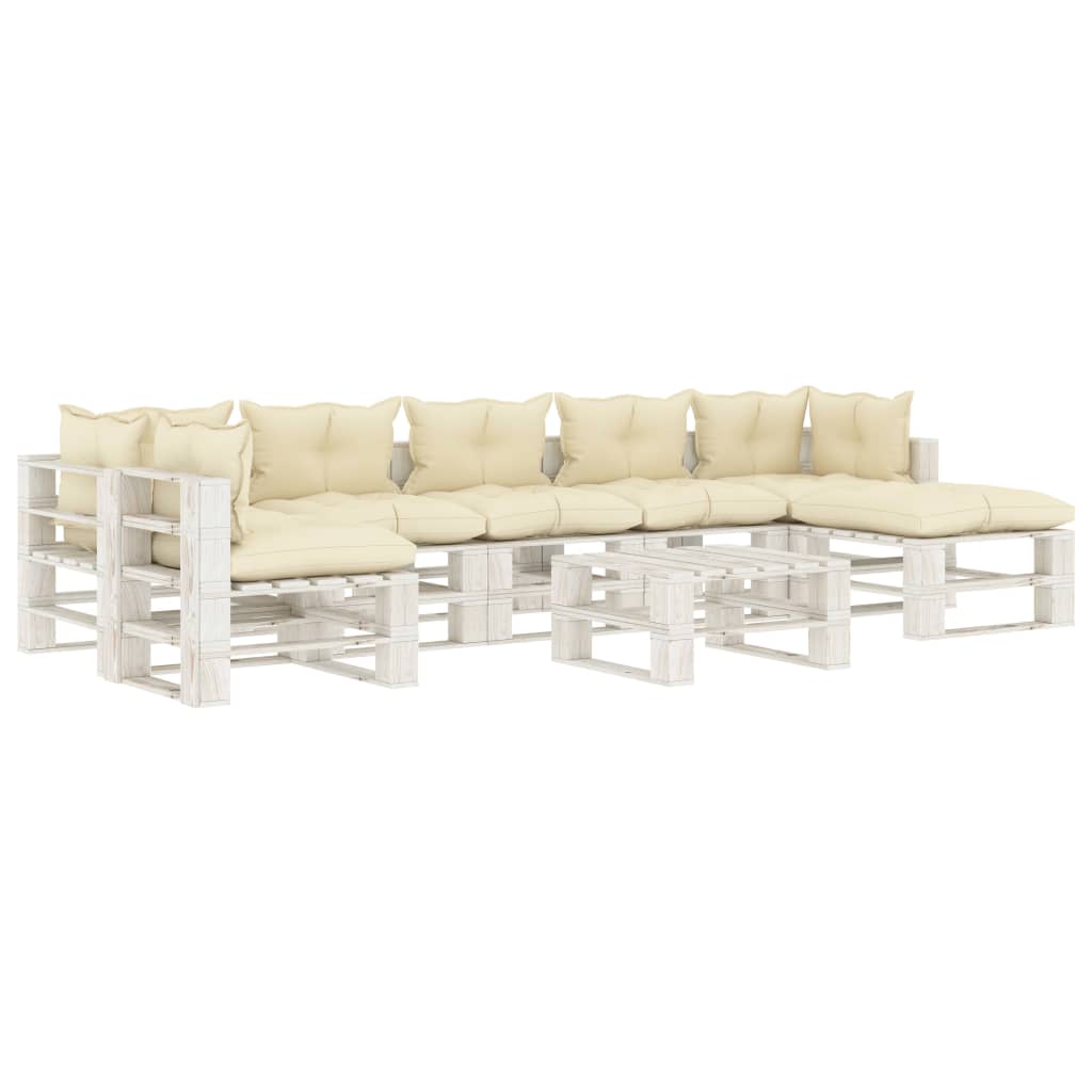 vidaXL 8pcs conj. lounge jardim paletes + almofadões madeira cor creme