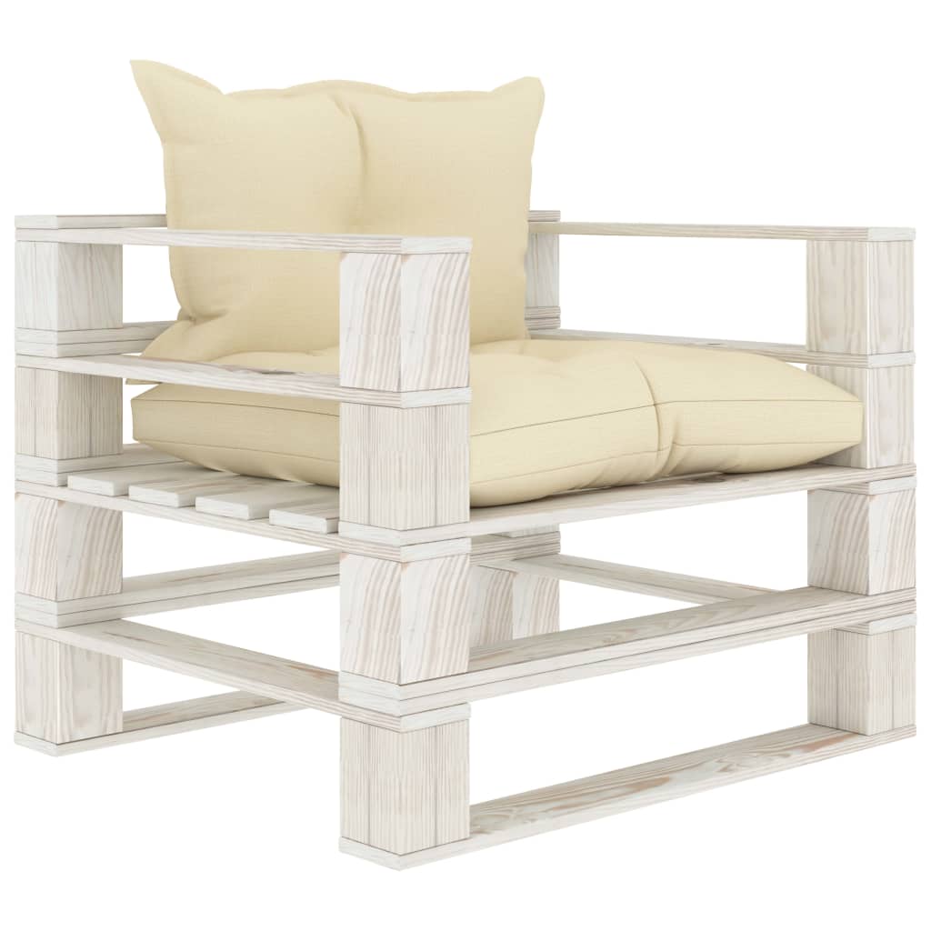Zestaw wypoczynkowy ogrodowy z palet - kremowy/biały, drewno sosnowe, wymiary: 70x67,5x60,8cm (siedzisko narożne), 60x61,5x30,4cm (stolik/stołek), 80x67,5x60,8cm (fotel)