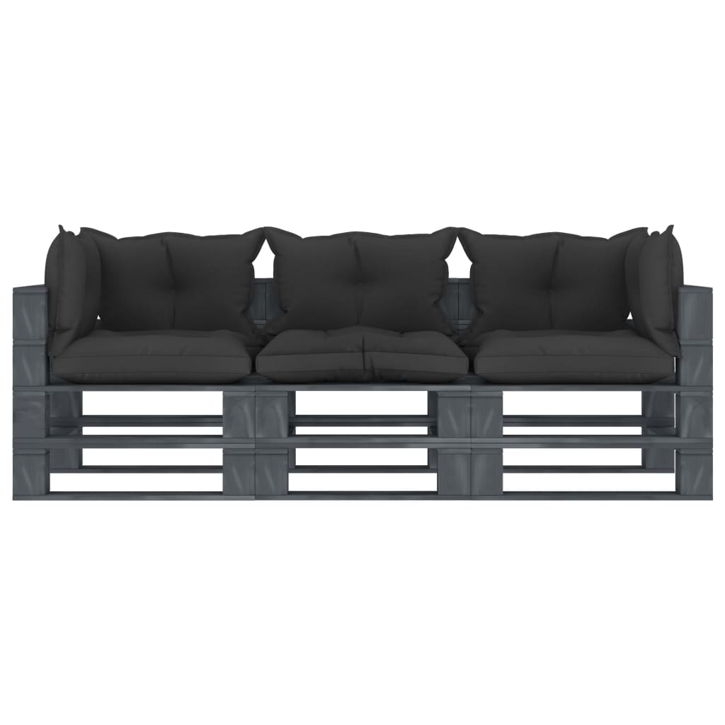 vidaXL Trivietė sodo sofa iš palečių su juodomis pagalvėmis, mediena