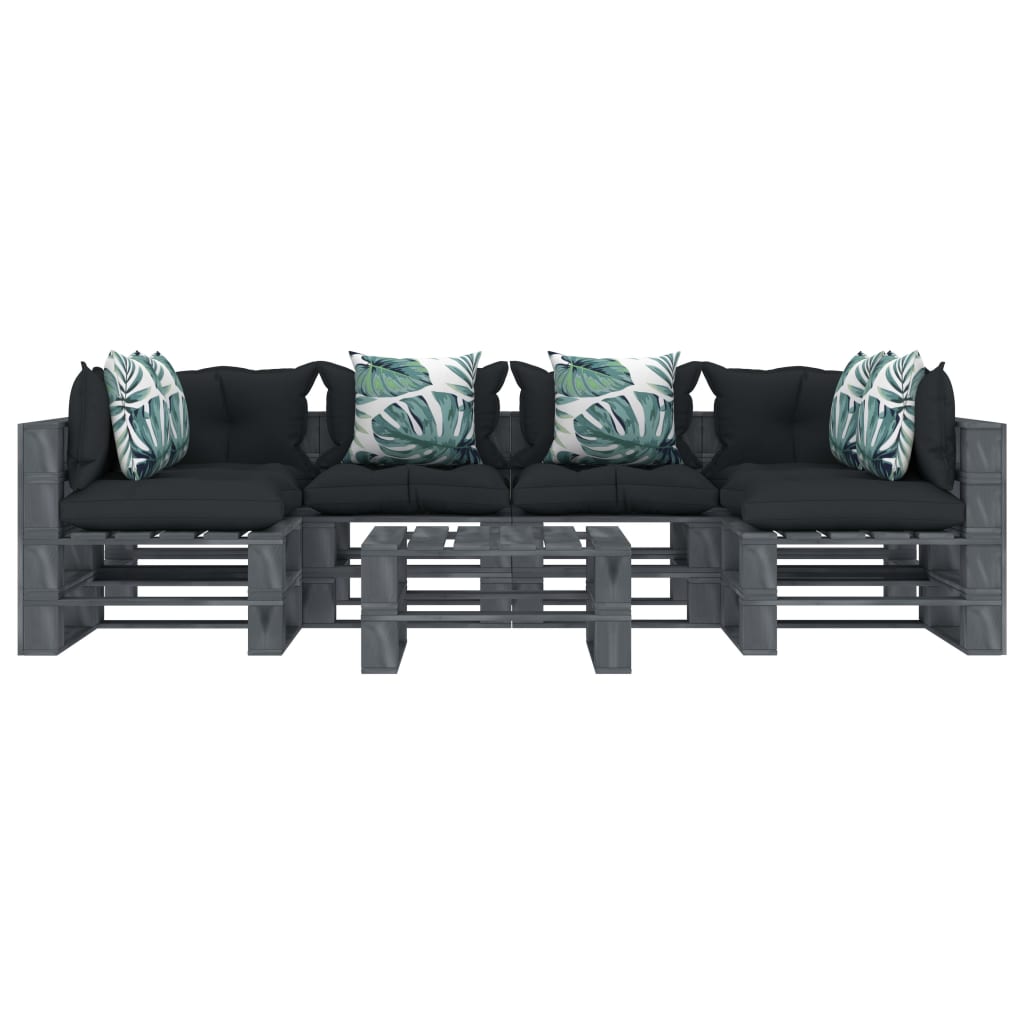 

vidaXL 7-delige Loungeset met antraciet en bloemenkussens pallet hout