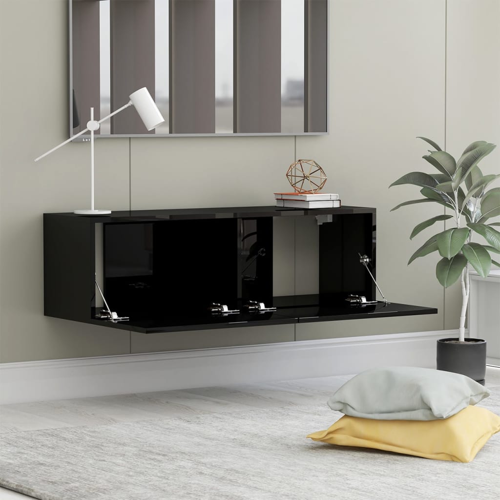 Meuble TV Noir brillant 100x30x30 cm Aggloméré | meublestv.fr 4