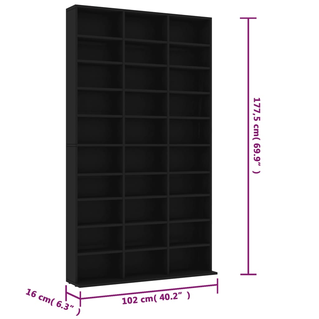 Fekete szerelt fa CD-szekrény 102 x 16 x 177,5 cm 