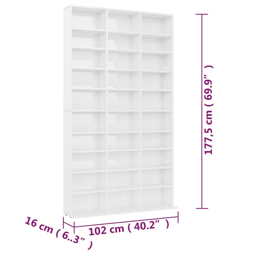 Magasfényű fehér szerelt fa CD-szekrény 102 x 16 x 177,5 cm 