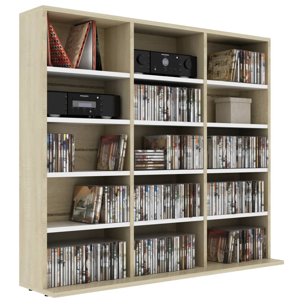 vidaXL CD Cabinet White and Sonoma Oak 102x23x89.5 cm Engineered Wood