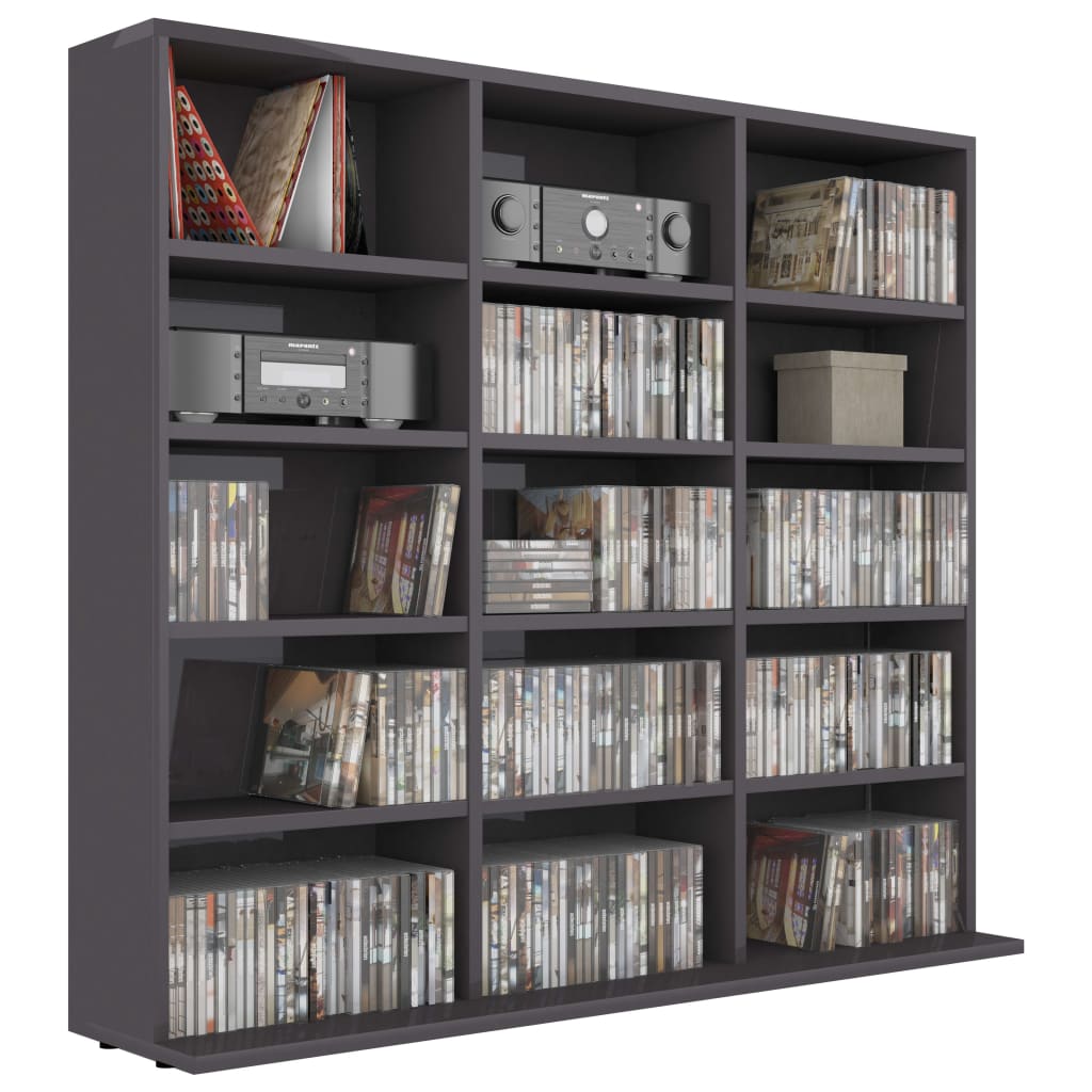 vidaXL CD Cabinet High Gloss Grey 102x23x89.5 cm Engineered Wood