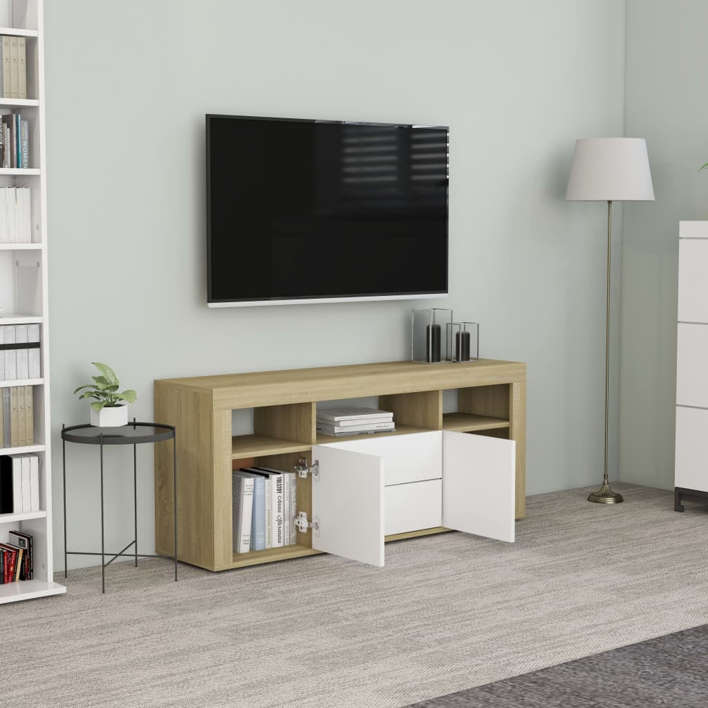 Meuble TV Blanc et chêne sonoma 120x30x50 cm Aggloméré | meublestv.fr 4