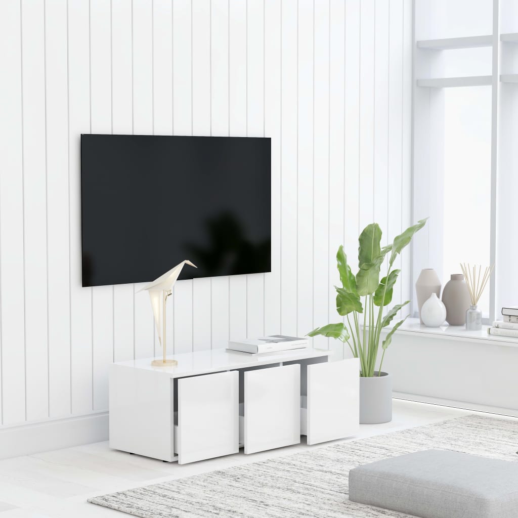 Mesa TV Salon,Mueble de TV con ruedas contrachapada blanco brillo 80x40x40  cm -CD53625