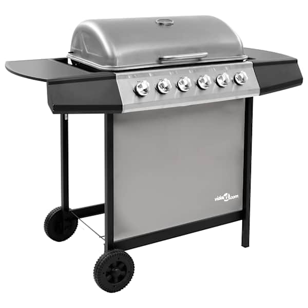vidaXL gaasigrill 6 p&otilde;letiga, must ja h&otilde;bedane