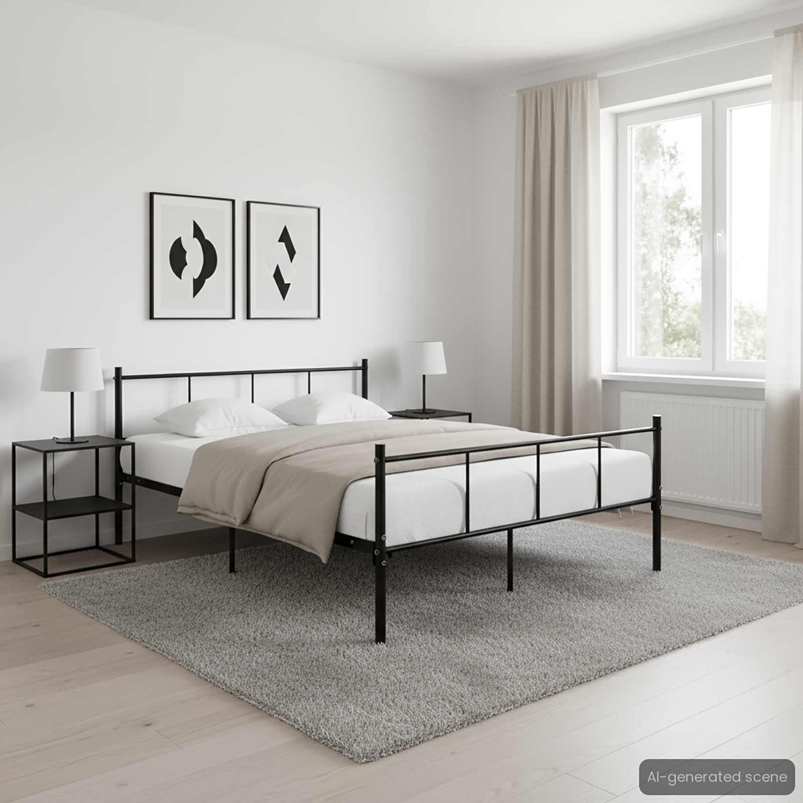 Black metal bed frame with white mattress, side view in a bedroom setting.