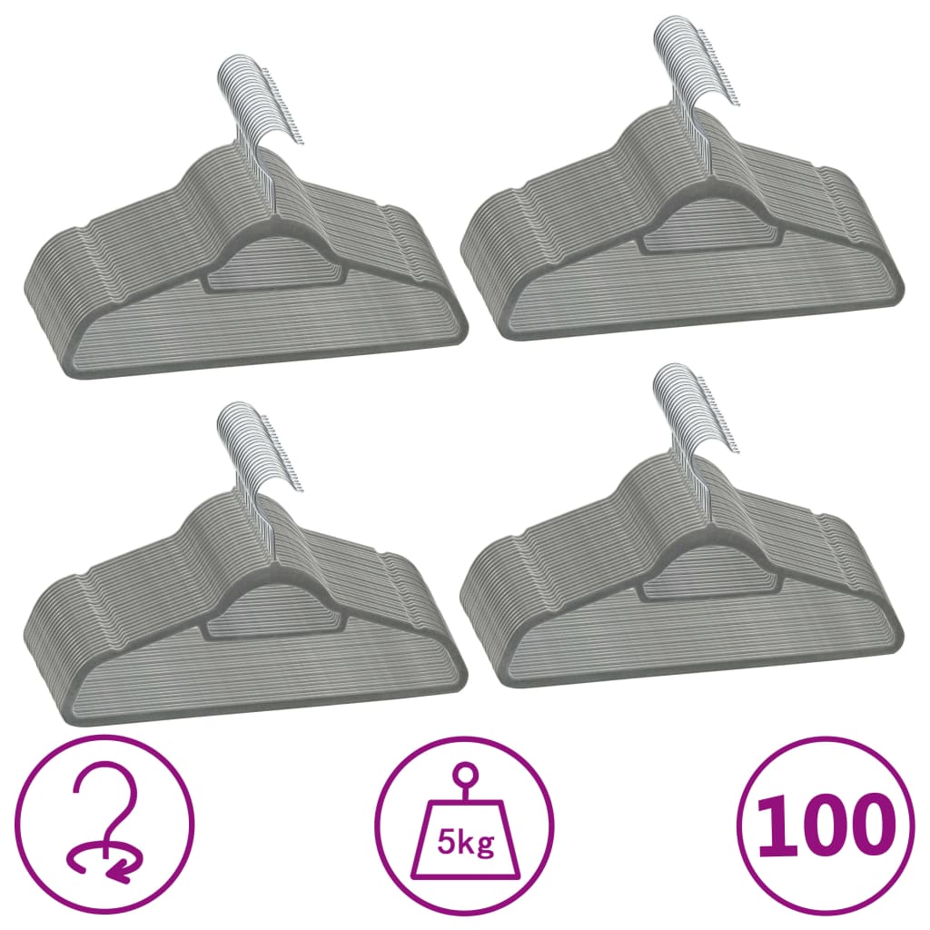 Image of vidaXL 100 pcs Clothes Hanger Set Anti-slip Grey Velvet