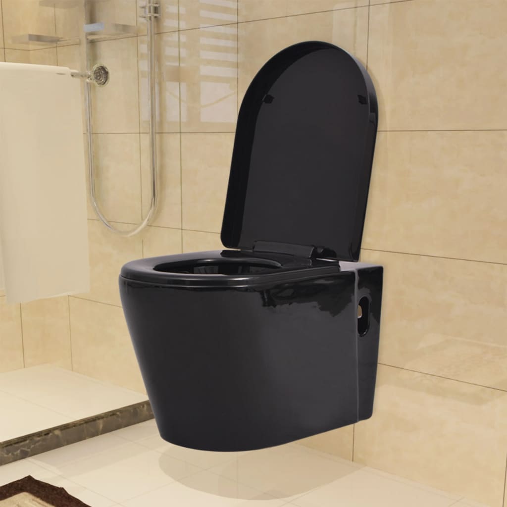 Fekete falra szerelhető kerámia WC rejtett öblítőtartállyal 