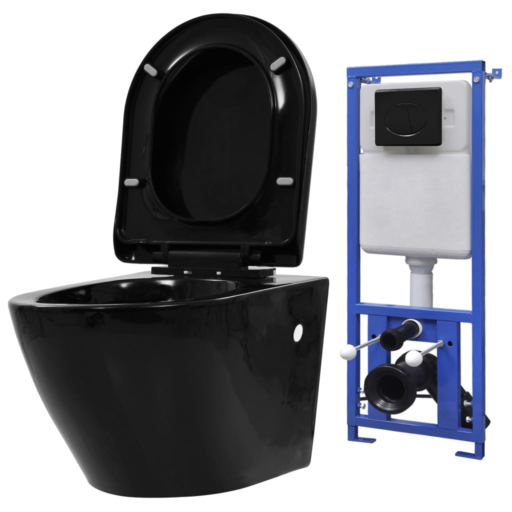 vidaXL Vas toaletă suspendat cu rezervor încastrat, negru, ceramică imagine vidaxl.ro