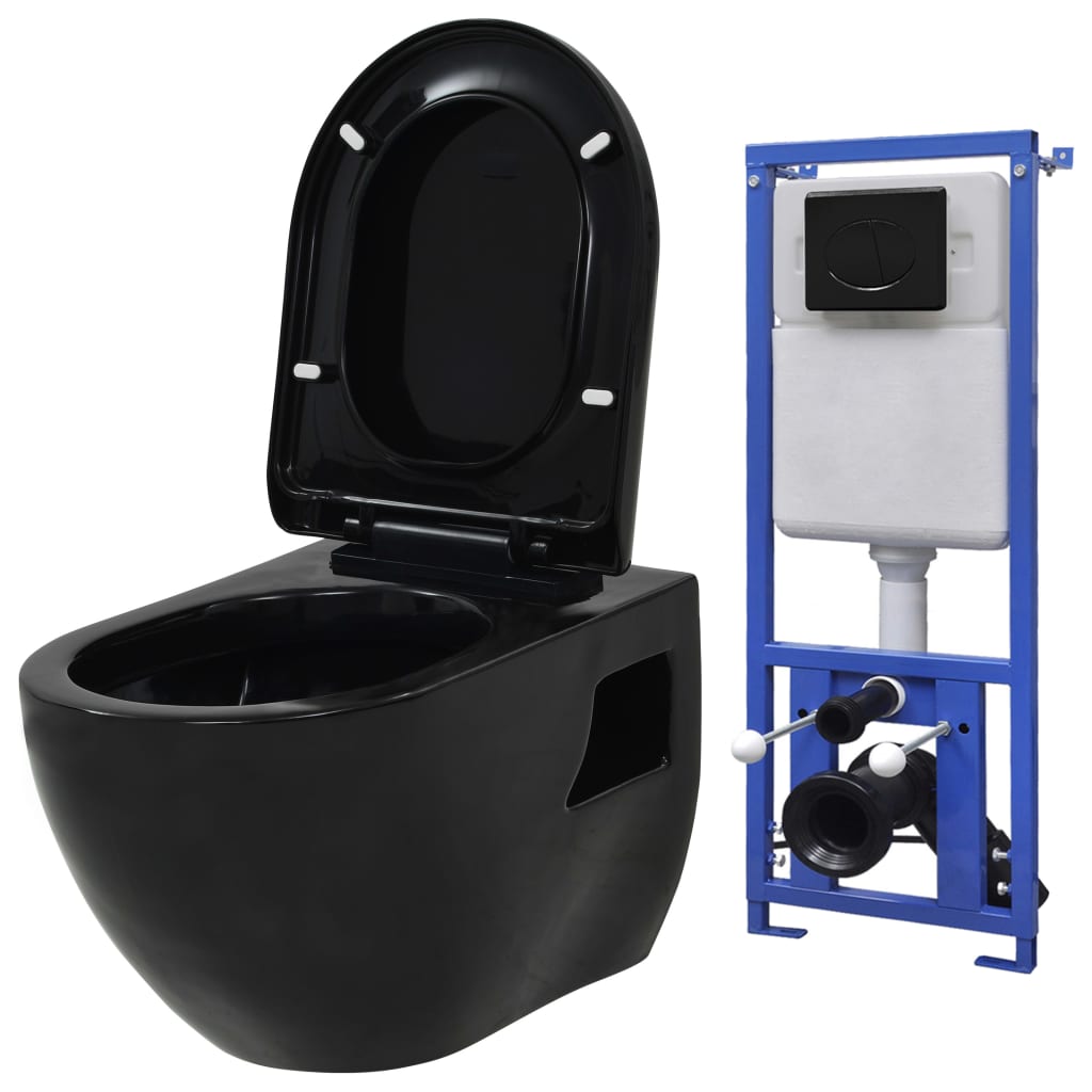 vidaXL Vas toaletă suspendat cu rezervor încastrat, negru, ceramică poza vidaxl.ro
