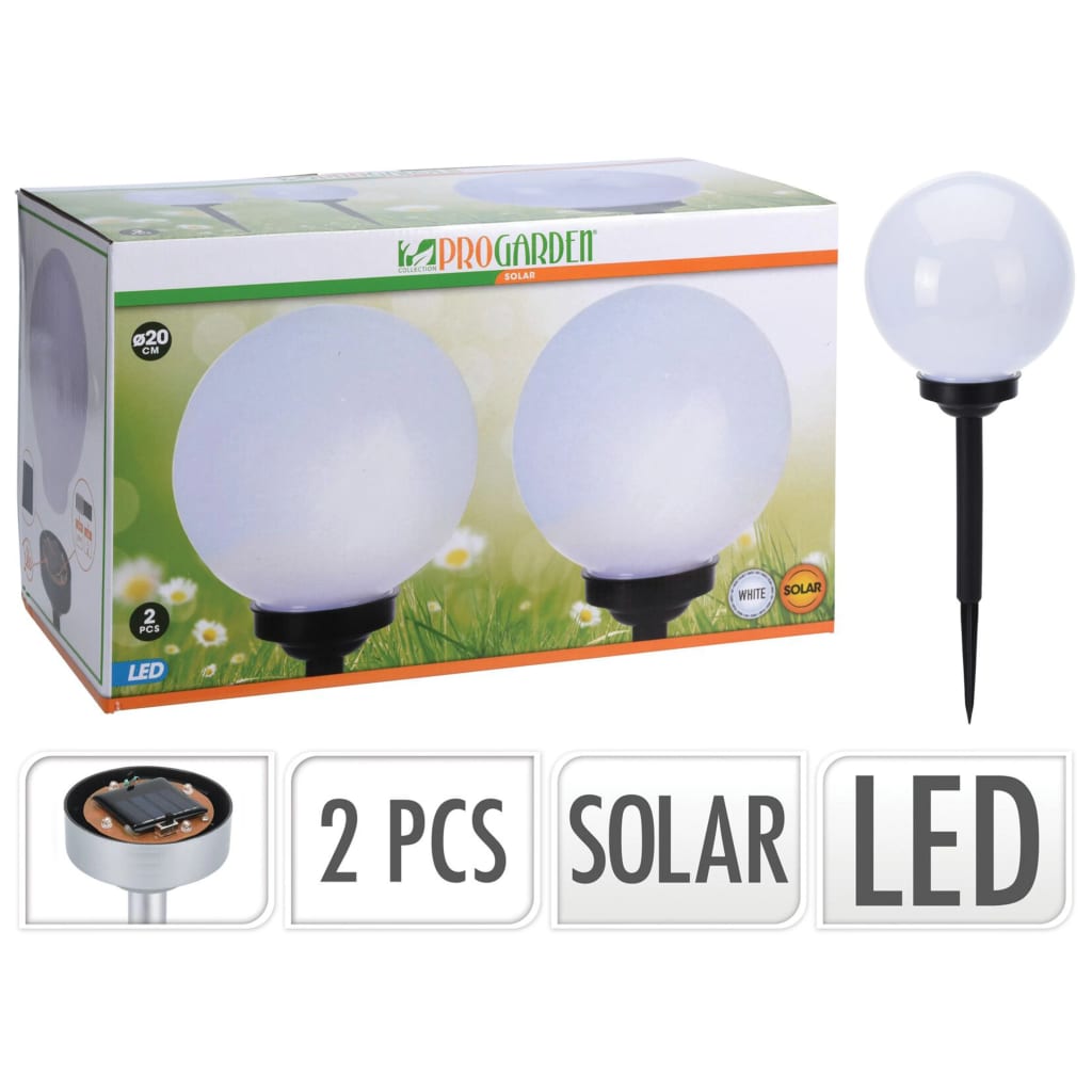 ProGarden Ensemble de lampes solaires à LED Ball 2 pcs 20 cm Blanc