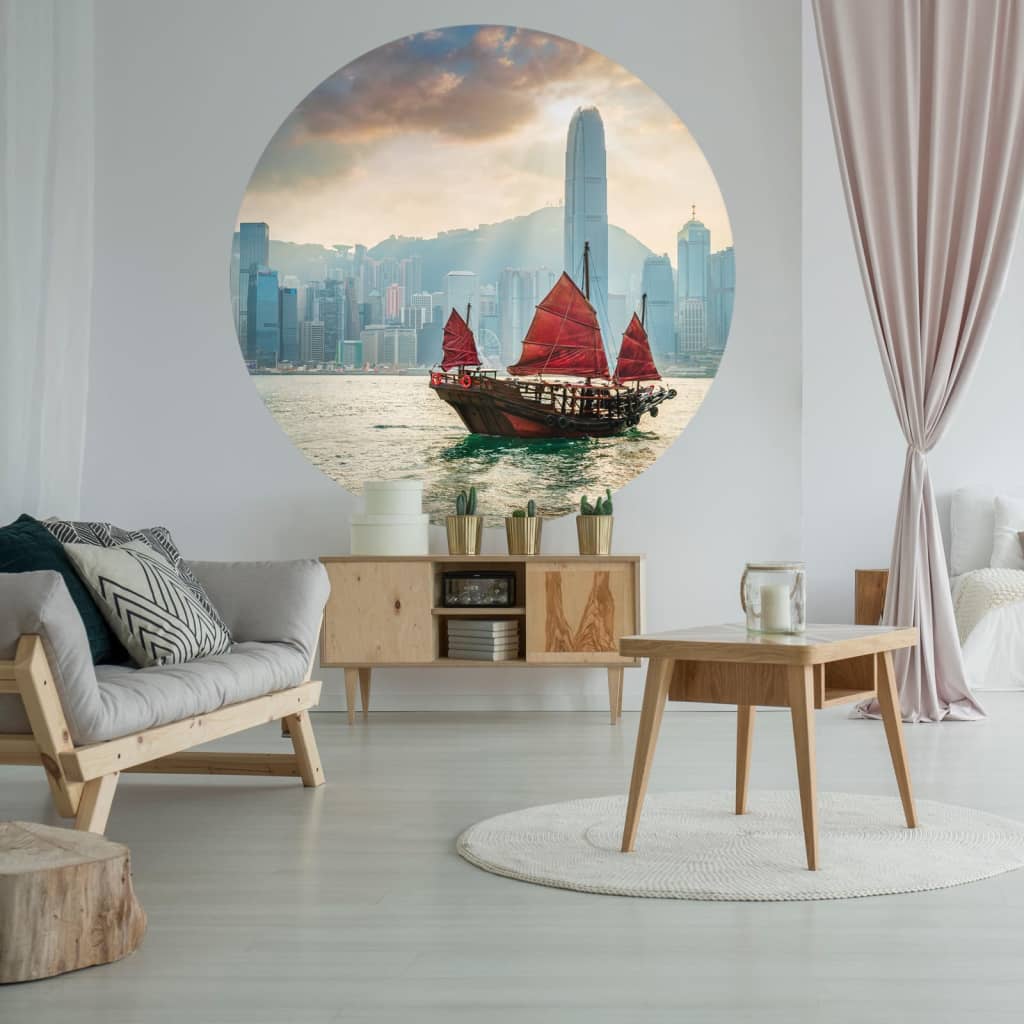 Afbeelding WallArt Behangcirkel Skyline with Junk Boat 142,5 cm door Vidaxl.nl