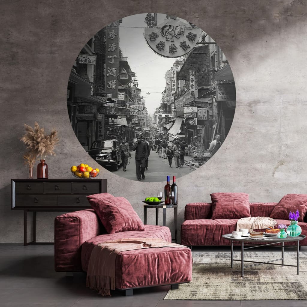 Afbeelding WallArt Behangcirkel Hong Kong the Old Days 142,5 cm door Vidaxl.nl