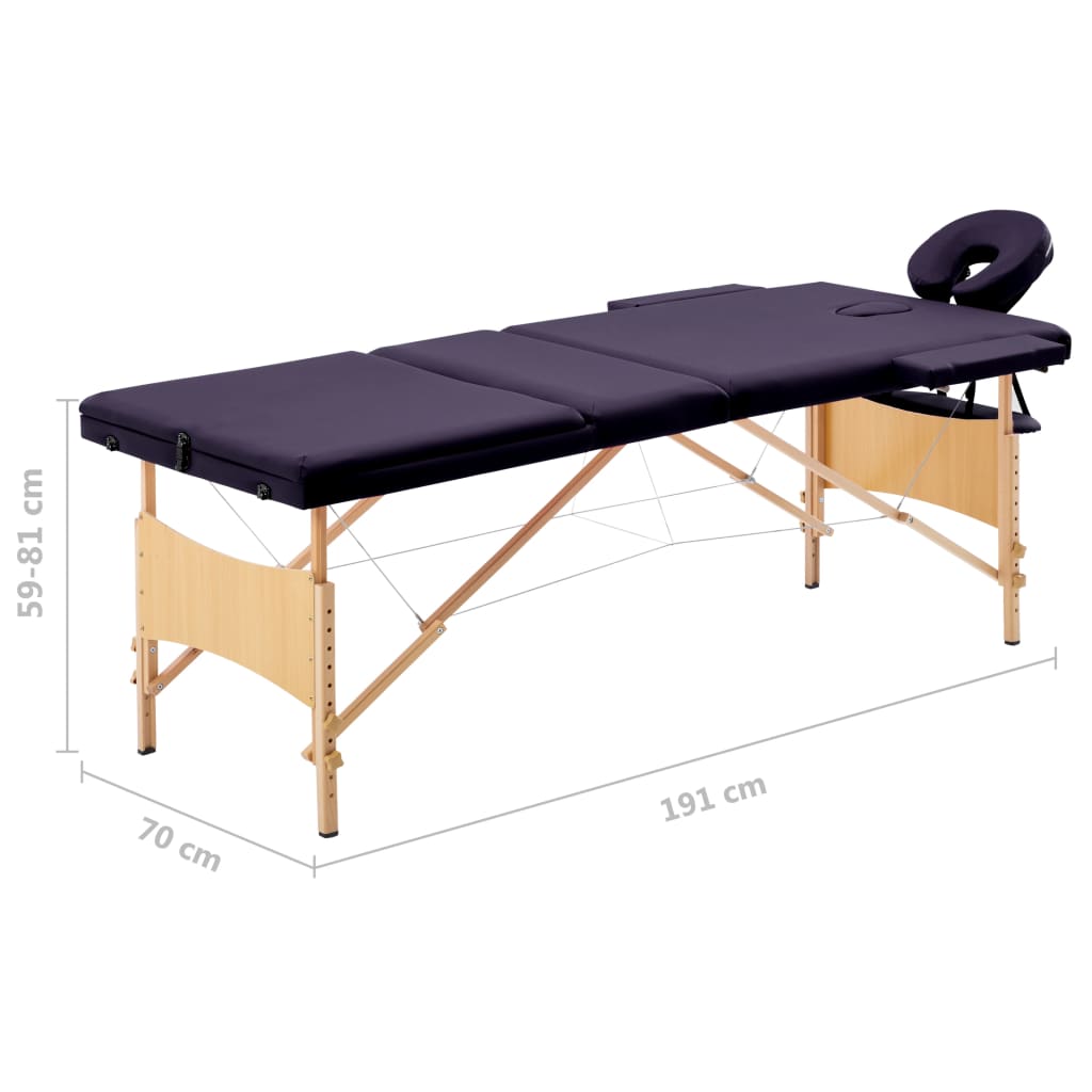 Sklopivi masažni stol s 3 zone drveni ljubičasti
