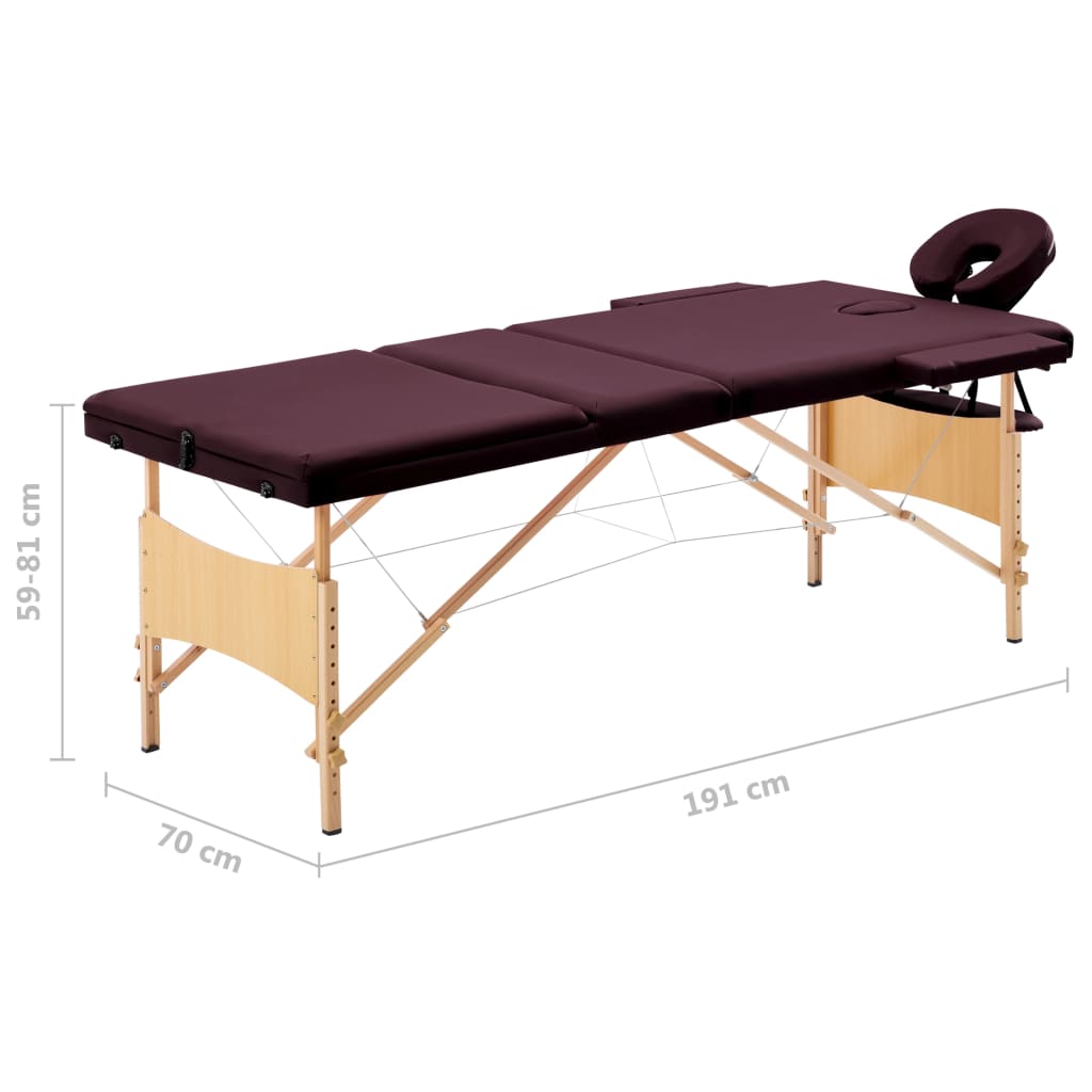 Sklopivi masažni stol s 3 zone drveni ljubičasta boja vina